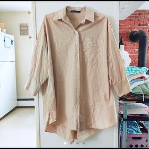 Zara Tan Cream Button Down Long Sleeve Shirt Dress